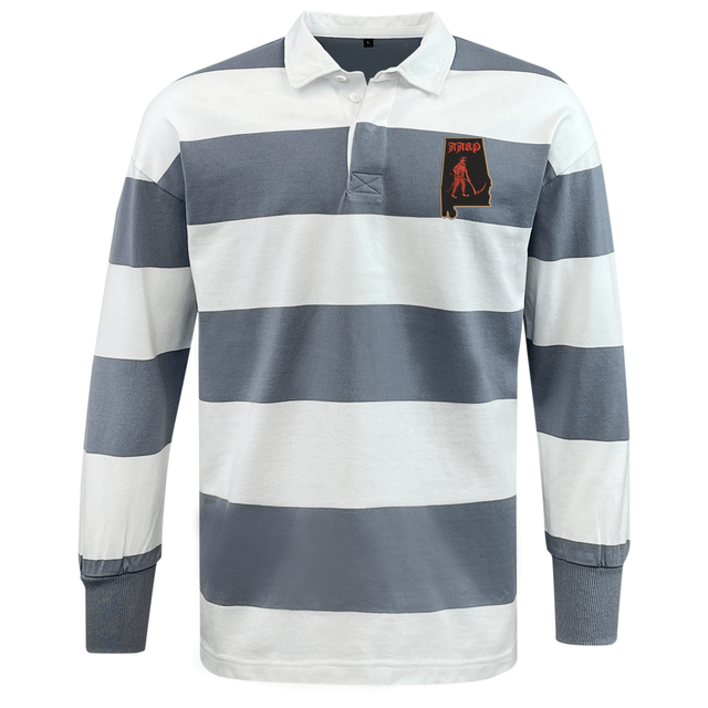 EMB Mudoo Aging Alabama Rugby Players Classic Long Sleeve Hooped Rugby Jersey featuring a chest patch with a silhouette of a person on an outline of Alabama.