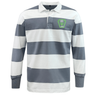 EMB Mudoo Rock Rugby Classic Long Sleeve Hooped Rugby Jersey featuring grey and white horizontal stripes, a white collar, and a green “Rock Rugby Lions” shield logo on the chest.