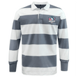 The SWFL Lady Hammerheads Classic Long Sleeve Hooped Rugby Jersey by WRS Mudoo features bold grey and white stripes and a striking "Hammerheads" shark logo on the left chest.