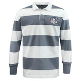The SWFL Lady Hammerheads Classic Long Sleeve Hooped Rugby Jersey by WRS Mudoo features bold grey and white stripes and a striking "Hammerheads" shark logo on the left chest.