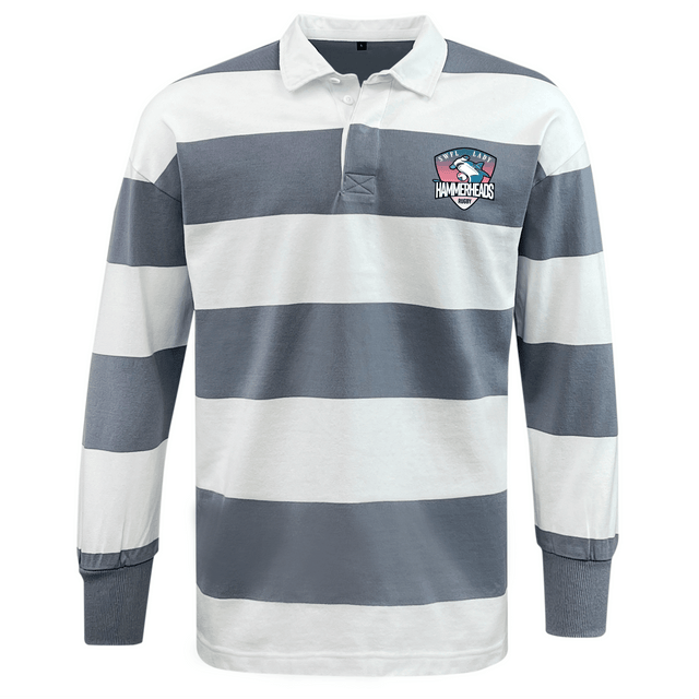 The SWFL Lady Hammerheads Classic Long Sleeve Hooped Rugby Jersey by WRS Mudoo features bold grey and white stripes and a striking "Hammerheads" shark logo on the left chest.