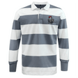 The EMB Mudoo Birmingham Iron Women's Football Classic Long Sleeve Hooped Rugby Jersey features bold blue and white hoops and a TRON logo patch on the left chest.