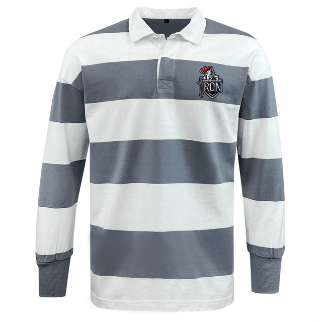 The EMB Mudoo Birmingham Iron Women's Football Classic Long Sleeve Hooped Rugby Jersey features bold blue and white hoops and a TRON logo patch on the left chest.