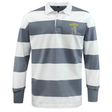 The Spartan Youth Rugby Classic Long Sleeve Hooped Jersey by EMB Mudoo features wide white and blue-grey stripes and a "Spartan" logo with helmet emblem on the left chest for timeless vintage rugby shirt style.
