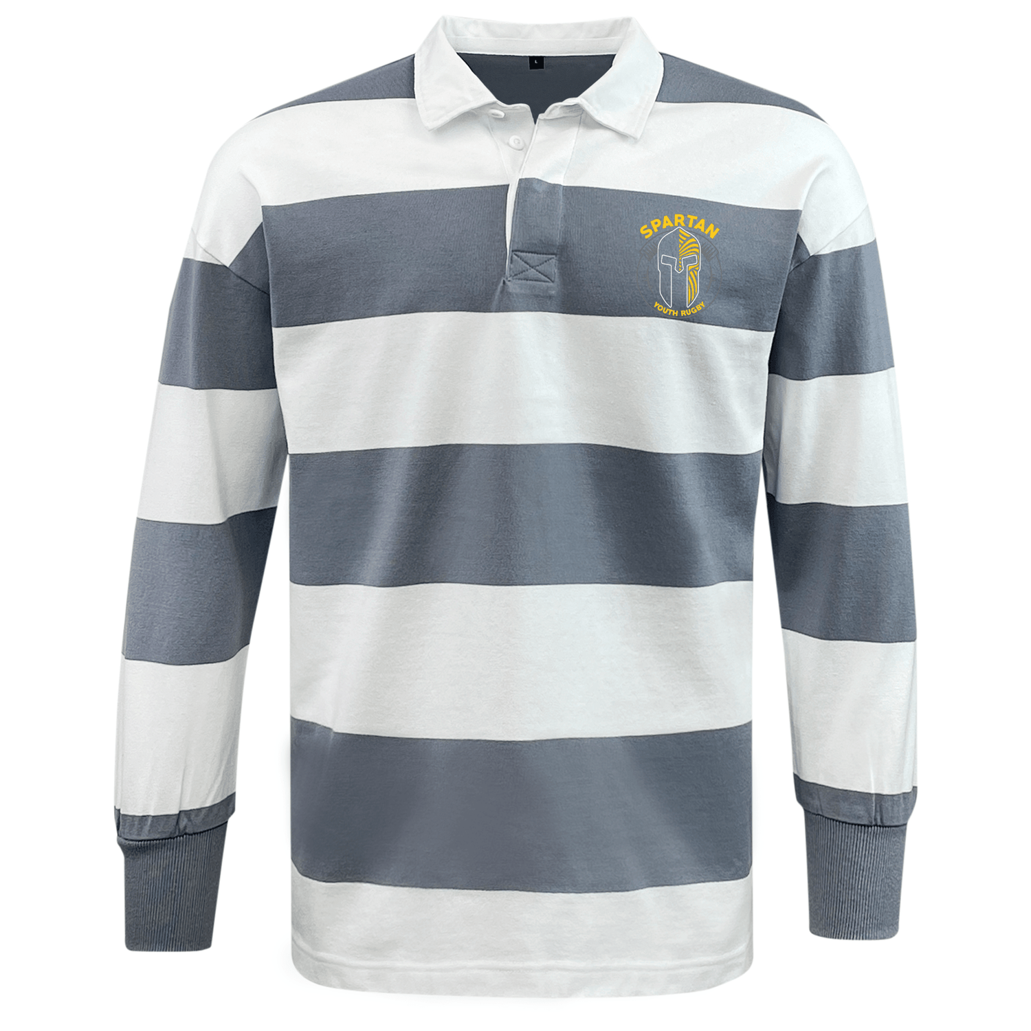 The Spartan Youth Rugby Classic Long Sleeve Hooped Jersey by EMB Mudoo features wide white and blue-grey stripes and a "Spartan" logo with helmet emblem on the left chest for timeless vintage rugby shirt style.