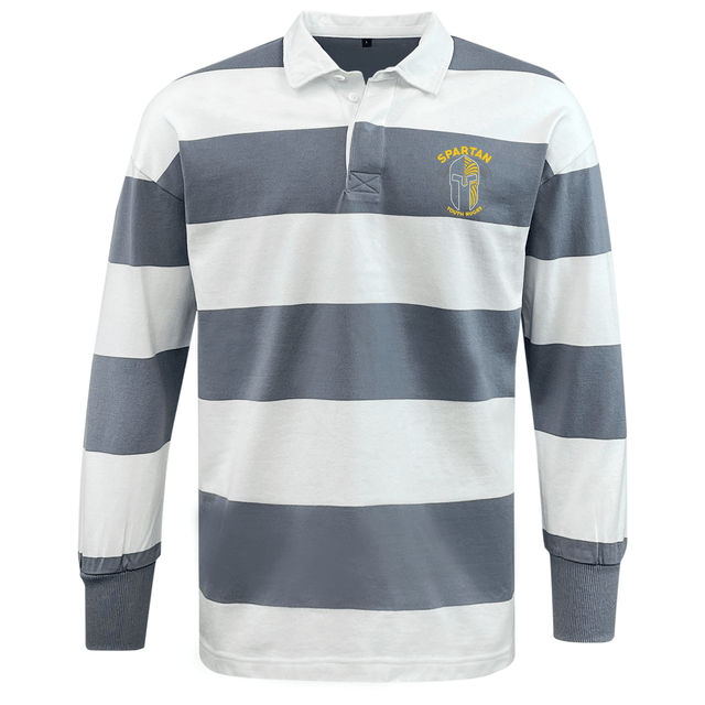 The Spartan Youth Rugby Classic Long Sleeve Hooped Jersey by EMB Mudoo features wide white and blue-grey stripes and a "Spartan" logo with helmet emblem on the left chest for timeless vintage rugby shirt style.