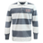 The EMB Mudoo East Stroudsburg University Classic Long Sleeve Hooped Rugby Jersey features gray and white stripes, a white collar, button placket, and "ESU RUGBY" embroidery on the chest.