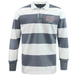 The EMB Mudoo East Stroudsburg University Classic Long Sleeve Hooped Rugby Jersey features gray and white stripes, a white collar, button placket, and "ESU RUGBY" embroidery on the chest.