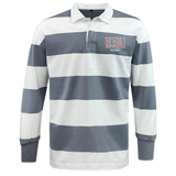 The EMB Mudoo East Stroudsburg University Classic Long Sleeve Hooped Rugby Jersey features gray and white stripes, a white collar, button placket, and "ESU RUGBY" embroidery on the chest.