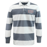 The EMB Mudoo East Stroudsburg University Classic Long Sleeve Hooped Rugby Jersey features gray and white stripes, a white collar, button placket, and "ESU RUGBY" embroidery on the chest.