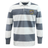 The EMB Mudoo Winchester Cannons Classic Long Sleeve Hooped Rugby Jersey features bold gray and white stripes, a crisp white collar, and a crest emblem on the left chest for timeless vintage appeal.