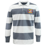 The EMB Mudoo Potomac Exiles Rugby Club Classic Long Sleeve Hooped Rugby Jersey showcases wide gray and white horizontal stripes, long sleeves, and a crest emblem on the left chest for an authentic look inspired by vintage rugby jerseys. Combining timeless style with lasting comfort, this classic shirt is a true staple for any rugby enthusiast.