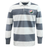 The EMB Mudoo Society of Iowa Rugby Referees Classic Long Sleeve Hooped Rugby Jersey features wide gray and white horizontal stripes and a round patch with pink flowers on the left chest, adding a playful touch to this timeless sporty design.