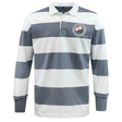 The EMB Mudoo Society of Iowa Rugby Referees Classic Long Sleeve Hooped Rugby Jersey features wide gray and white horizontal stripes and a round patch with pink flowers on the left chest, adding a playful touch to this timeless sporty design.