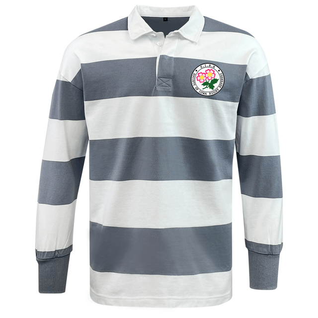 The EMB Mudoo Society of Iowa Rugby Referees Classic Long Sleeve Hooped Rugby Jersey features wide grey and white hoops, a structured collar, and an embroidered patch with a pink flower and text on the left chest for authentic vintage rugby style.