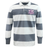 Western Carolina University Classic Long Sleeve Hooped Rugby Jersey featuring grey and white horizontal stripes, a white collar, and a purple chest logo.