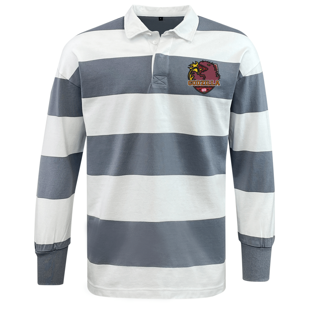 The EMB Mudoo Godzilla Rugby Football Club Classic Long Sleeve Hooped Rugby Jersey features wide gray and white horizontal stripes, a crisp white collar, and a Godzilla logo patch on the left chest for an authentic rugby jersey look.