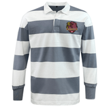 The EMB Mudoo Godzilla Rugby Football Club Classic Long Sleeve Hooped Rugby Jersey features wide gray and white horizontal stripes, a crisp white collar, and a Godzilla logo patch on the left chest for an authentic rugby jersey look.