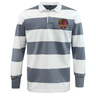 The EMB Mudoo Godzilla Rugby Football Club Classic Long Sleeve Hooped Rugby Jersey features wide gray and white horizontal stripes, a crisp white collar, and a Godzilla logo patch on the left chest for an authentic rugby jersey look.