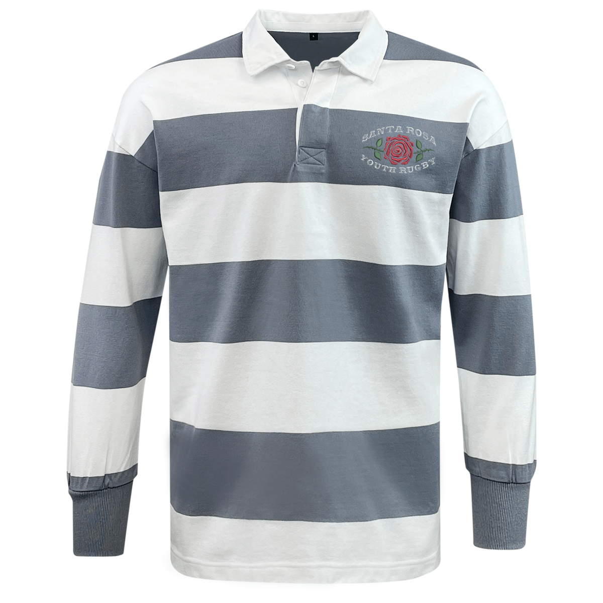 The EMB Mudoo Santa Rosa Youth Rugby Classic Long Sleeve Hooped Rugby Jersey features bold white and gray horizontal stripes, a crisp white collar, and “Santa Rosa Youth Rugby” text on the left chest—delivering timeless style to any fan’s collection.