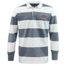 The EMB Mudoo Santa Rosa Youth Rugby Classic Long Sleeve Hooped Rugby Jersey features bold white and gray horizontal stripes, a crisp white collar, and “Santa Rosa Youth Rugby” text on the left chest—delivering timeless style to any fan’s collection.