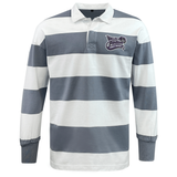 The EMB Mudoo Valley Panthers Girls Rugby Classic Long Sleeve Hooped Rugby Jersey features wide white and gray horizontal stripes with a “Valley Panthers” crest on the left chest, offering a timeless look inspired by retro rugby jersey styles.