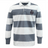 The EMB Mudoo Cypress Warriors Men's Rugby Classic Long Sleeve Hooped Rugby Jersey features wide gray and white stripes, plus a chest patch of a pirate mascot with crossed swords for classic rugby style.
