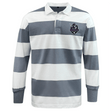 The EMB Mudoo Cypress Warriors Men's Rugby Classic Long Sleeve Hooped Rugby Jersey features wide gray and white stripes, plus a chest patch of a pirate mascot with crossed swords for classic rugby style.
