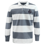 The EMB Mudoo Cypress Warriors Men's Rugby Classic Long Sleeve Hooped Rugby Jersey features wide gray and white stripes, plus a chest patch of a pirate mascot with crossed swords for classic rugby style.