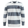 The EMB Mudoo Cypress Warriors Men's Rugby Classic Long Sleeve Hooped Rugby Jersey features wide gray and white stripes, plus a chest patch of a pirate mascot with crossed swords for classic rugby style.