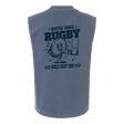 Back view of the Watch More Rugby Retro Muscle Tee by WRS S&S Activewear in gray, with a cartoon rugby ball character kicking a ball and the text "WATCH MORE RUGBY" and "WORLD RUGBY SHOP.
