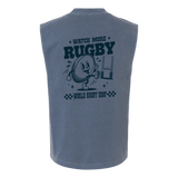 Back view of the Watch More Rugby Retro Muscle Tee by WRS S&S Activewear in gray, with a cartoon rugby ball character kicking a ball and the text "WATCH MORE RUGBY" and "WORLD RUGBY SHOP.