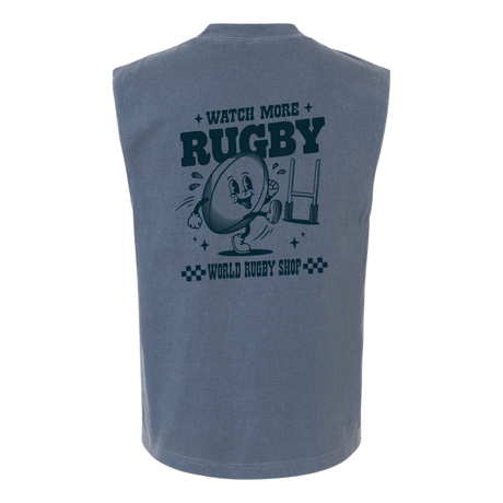 Back view of the Watch More Rugby Retro Muscle Tee by WRS S&S Activewear in gray, with a cartoon rugby ball character kicking a ball and the text "WATCH MORE RUGBY" and "WORLD RUGBY SHOP.