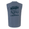 Back view of the Watch More Rugby Retro Muscle Tee by WRS S&S Activewear in gray, with a cartoon rugby ball character kicking a ball and the text "WATCH MORE RUGBY" and "WORLD RUGBY SHOP.