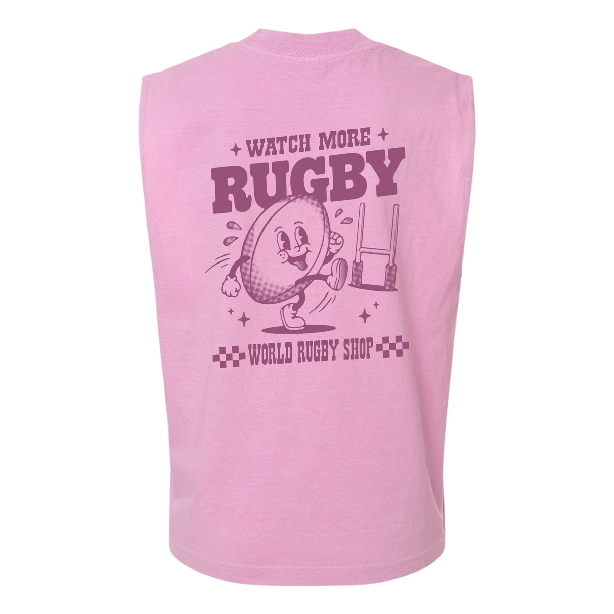 The WRS S&S Activewear Watch More Rugby Retro Muscle Tee is a pink sleeveless top with a cartoon rugby ball and goal posts, plus "WATCH MORE RUGBY" and "WORLD RUGBY SHOP" on the back, giving a fun vintage rugby vibe.
