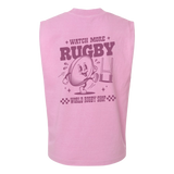 The WRS S&S Activewear Watch More Rugby Retro Muscle Tee is a pink sleeveless top with a cartoon rugby ball and goal posts, plus "WATCH MORE RUGBY" and "WORLD RUGBY SHOP" on the back, giving a fun vintage rugby vibe.
