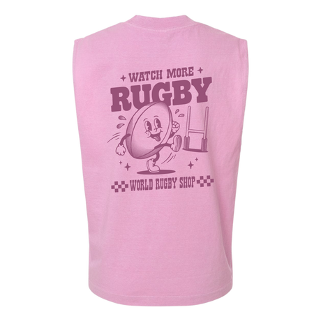 The WRS S&S Activewear Watch More Rugby Retro Muscle Tee is a pink sleeveless top with a cartoon rugby ball and goal posts, plus "WATCH MORE RUGBY" and "WORLD RUGBY SHOP" on the back, giving a fun vintage rugby vibe.