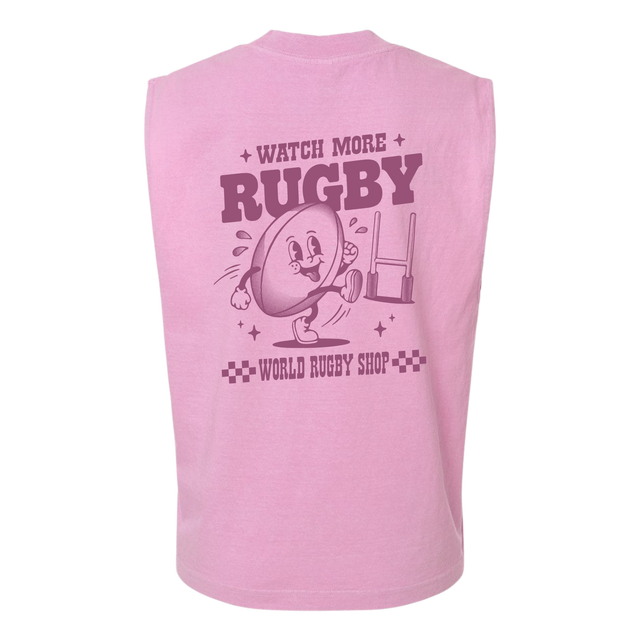 The WRS S&S Activewear Watch More Rugby Retro Muscle Tee is a pink sleeveless top with a cartoon rugby ball and goal posts, plus "WATCH MORE RUGBY" and "WORLD RUGBY SHOP" on the back, giving a fun vintage rugby vibe.