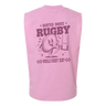 The WRS S&S Activewear Watch More Rugby Retro Muscle Tee is a pink sleeveless top with a cartoon rugby ball and goal posts, plus "WATCH MORE RUGBY" and "WORLD RUGBY SHOP" on the back, giving a fun vintage rugby vibe.