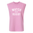 The Watch More Rugby Everyday Muscle Tee by WRS S&S Activewear is a sleeveless pink muscle tee with "WATCH MORE RUGBY" boldly printed in white, perfect for showing off your rugby passion.