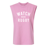 The Watch More Rugby Everyday Muscle Tee by WRS S&S Activewear is a sleeveless pink muscle tee with "WATCH MORE RUGBY" boldly printed in white, perfect for showing off your rugby passion.