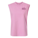 The Watch More Rugby Retro Muscle Tee by WRS S&S Activewear is a sleeveless pink shirt with a crew neck and "WRS RUGGEDITY" logo on the upper left chest.
