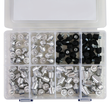 The Starlai Corp WRS 120 piece M6 Boxed Stud Kit includes a plastic organizer box with six compartments, holding assorted metal and black plastic fasteners or spacers for soft ground boots or artificial grass.