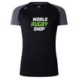 The World Rugby Shop Women's Elite Training Tee by Canterbury from WRS Canterbury is a black and gray t-shirt featuring "World Rugby Shop" printed in white and green text on the front. Crafted as a training tee, it offers lightweight fabric to ensure comfort during workouts.