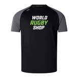 The World Rugby Shop Elite Training Tee by Canterbury, offered by WRS Canterbury, is a black and gray rugby jersey that showcases "World Rugby Shop" in striking white and green on the front. It utilizes advanced Vapodri fabrics for peak performance and boasts a modern design akin to a Canterbury Elite Training Tee, featuring an elegant 3D CCC logo.