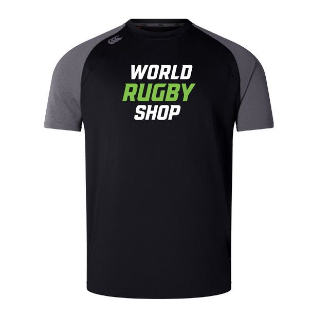 The World Rugby Shop Elite Training Tee by Canterbury, offered by WRS Canterbury, is a black and gray rugby jersey that showcases "World Rugby Shop" in striking white and green on the front. It utilizes advanced Vapodri fabrics for peak performance and boasts a modern design akin to a Canterbury Elite Training Tee, featuring an elegant 3D CCC logo.