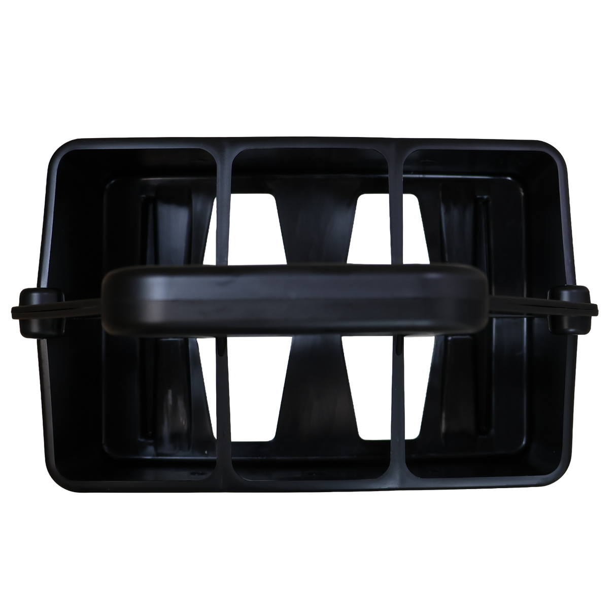 Top view of the World Rugby Shop Water Bottle Carrier by Springboard Promotions, a black rectangular carrier with a central handle and six spacious compartments, perfect for organizing bottles.