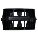 Top view of the World Rugby Shop Water Bottle Carrier by Springboard Promotions, a black rectangular carrier with a central handle and six spacious compartments, perfect for organizing bottles.