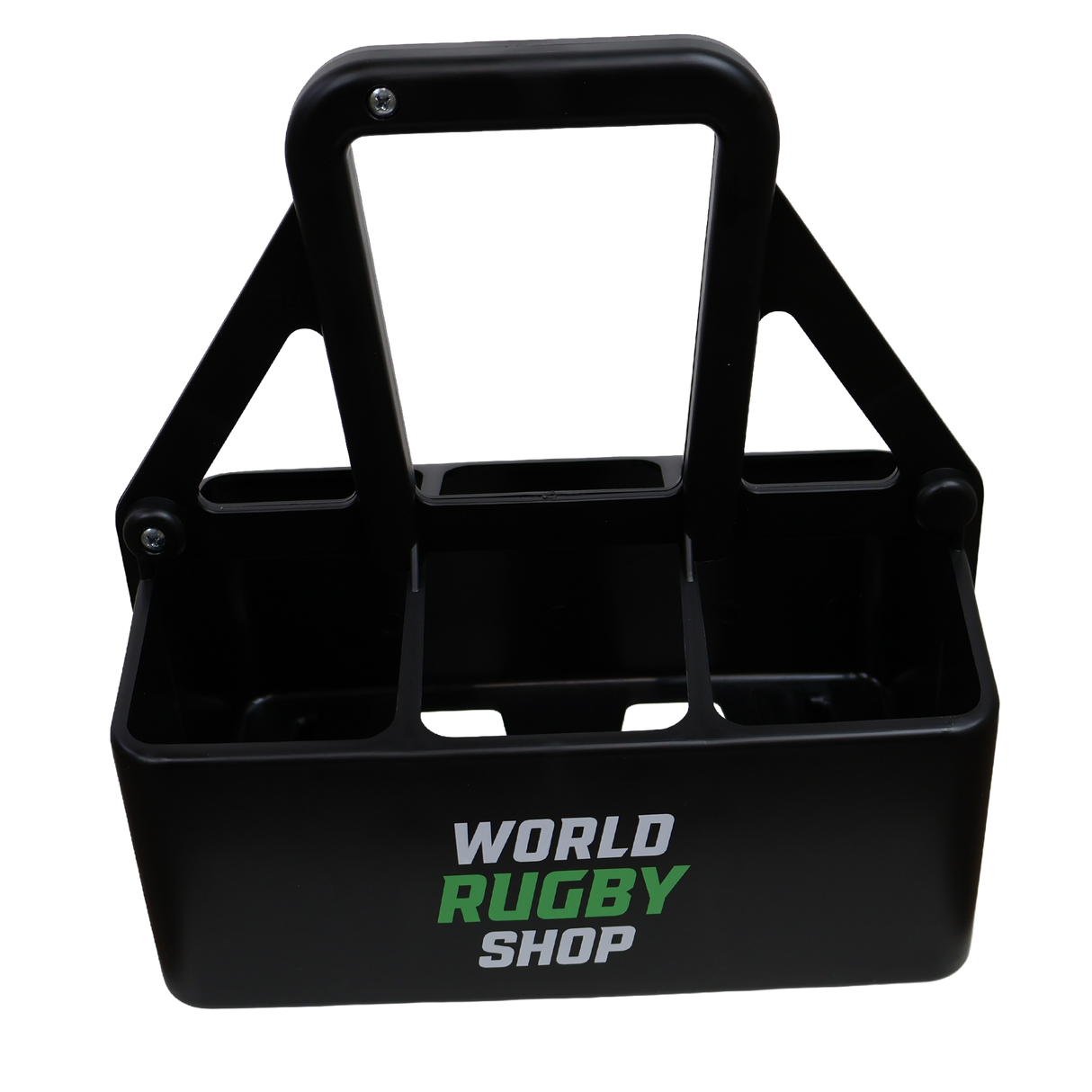The World Rugby Shop Water Bottle Carrier by Springboard Promotions is a sturdy black 6-compartment carrier with a handle, and "WORLD RUGBY SHOP" printed in bold white and green on the front.