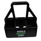 The World Rugby Shop Water Bottle Carrier by Springboard Promotions is a sturdy black 6-compartment carrier with a handle, and "WORLD RUGBY SHOP" printed in bold white and green on the front.